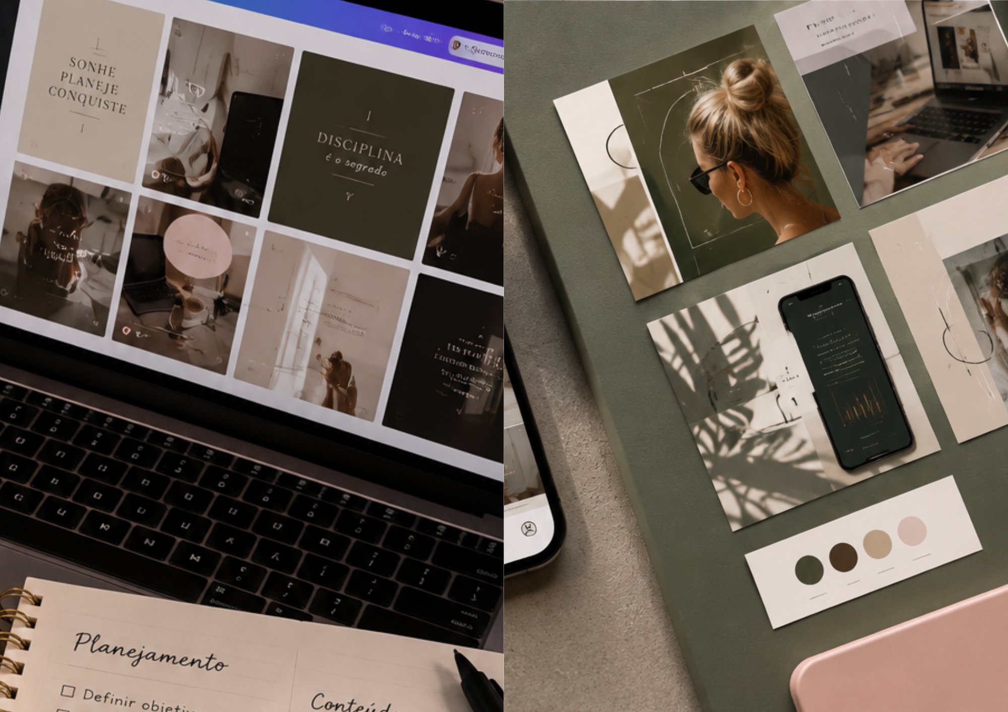 Feed de Instagram planejado em laptop e tablet